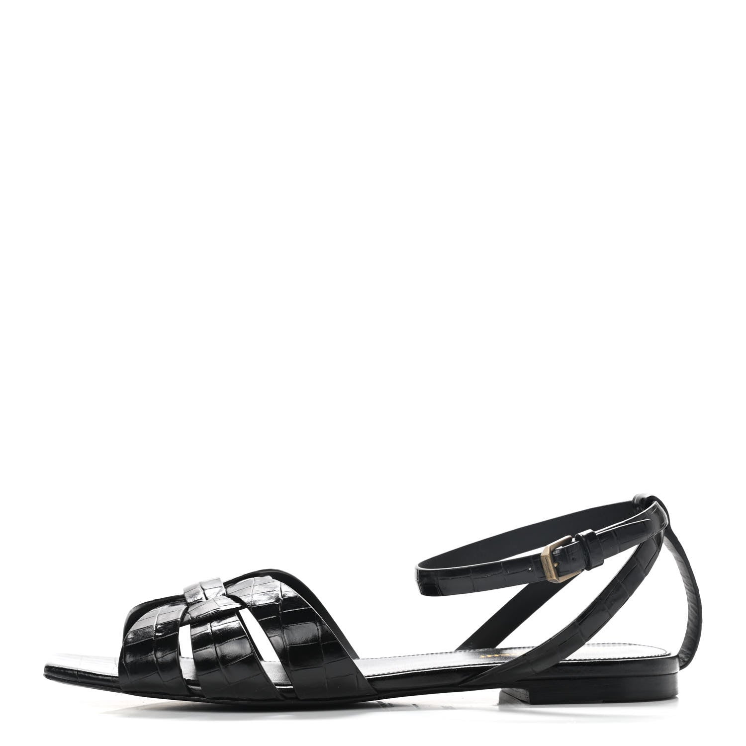 Saint Laurent Calfskin Crocodile Embossed Tribute 05 Ankle Strap Sandals 39.5 Black 1 of 9