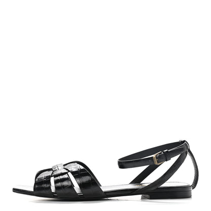 Saint Laurent Calfskin Crocodile Embossed Tribute 05 Ankle Strap Sandals 39.5 Black 1 of 9
