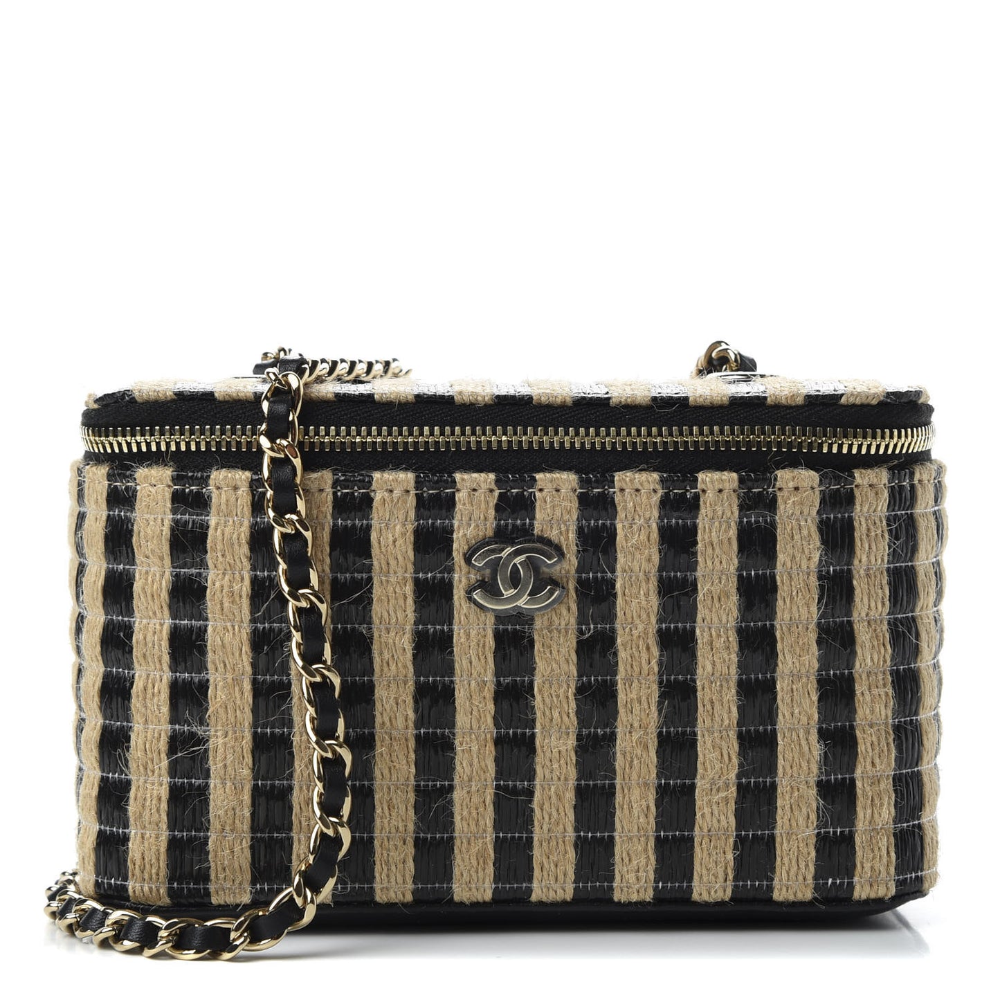 Raffia Jute Striped Small Vanity Case With Chain Black Beige