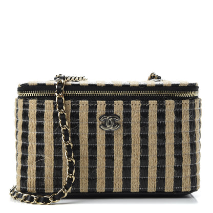Chanel Raffia Jute Striped Small Vanity Case With Chain Black Beige 1 of 11
