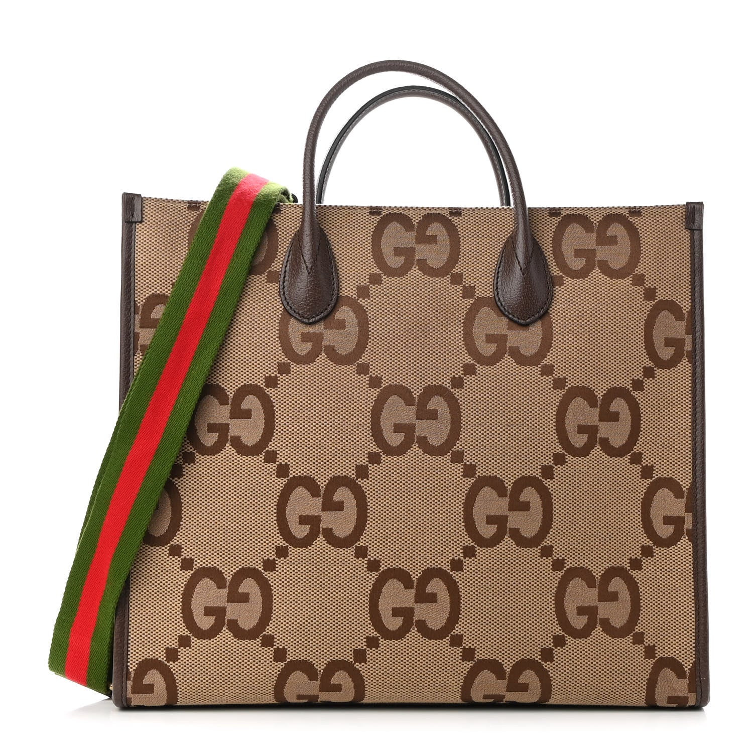 Gucci Monogram Jumbo GG Textured Dollar Calfskin Web Tote Bag Camel Ebony New Acero 1 of 10