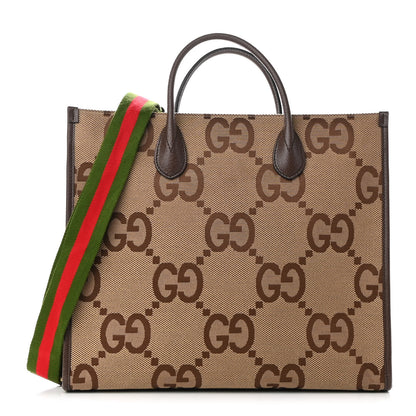 Gucci Monogram Jumbo GG Textured Dollar Calfskin Web Tote Bag Camel Ebony New Acero 1 of 10