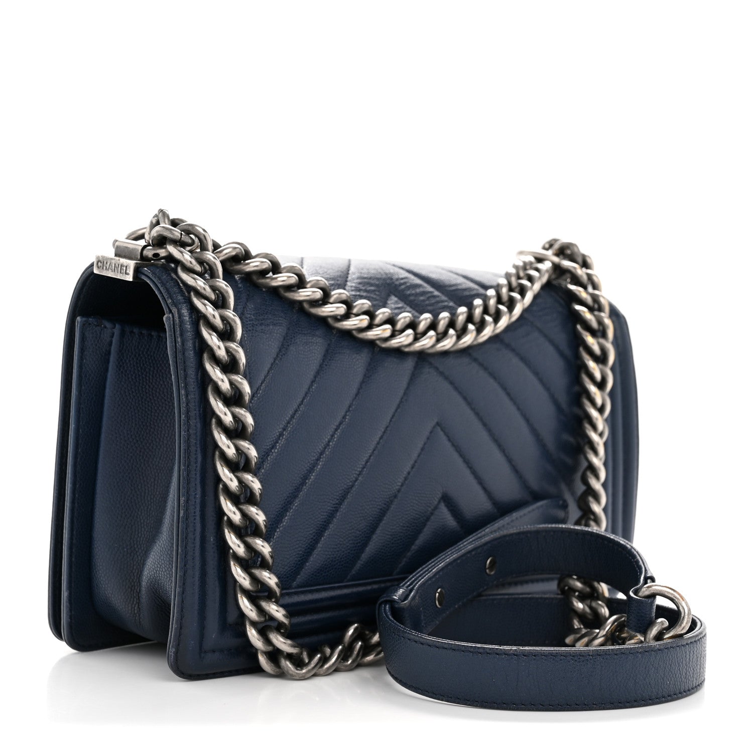 Chanel Caviar Chevron Quilted Medium Boy Flap Navy 3 of 13