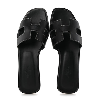 Hermes Box Calfskin Oran Sandals 37.5 Black 2 of 9
