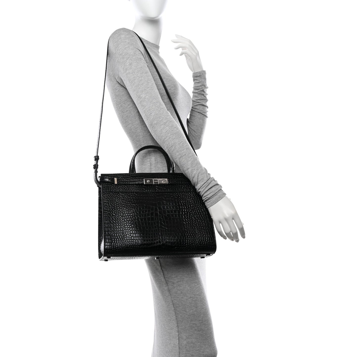 Shiny Calfskin Crocodile Embossed Small Manhattan Shopper Tote Black