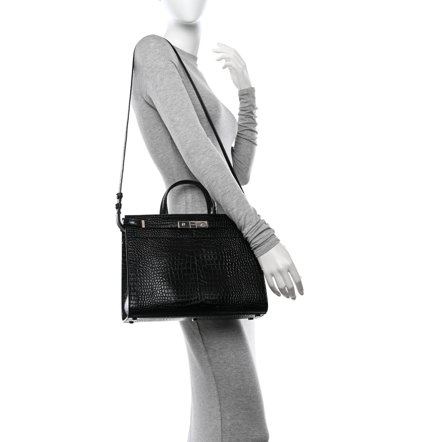 Saint Laurent Shiny Calfskin Crocodile Embossed Small Manhattan Shopper Tote Black 2 of 10