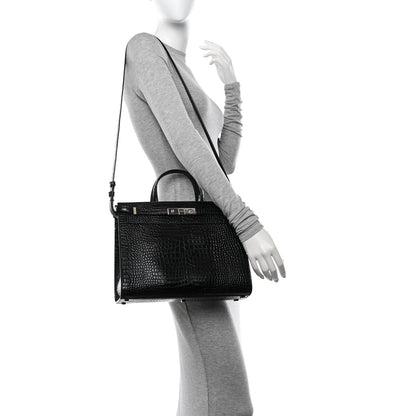 Saint Laurent Shiny Calfskin Crocodile Embossed Small Manhattan Shopper Tote Black 2 of 10