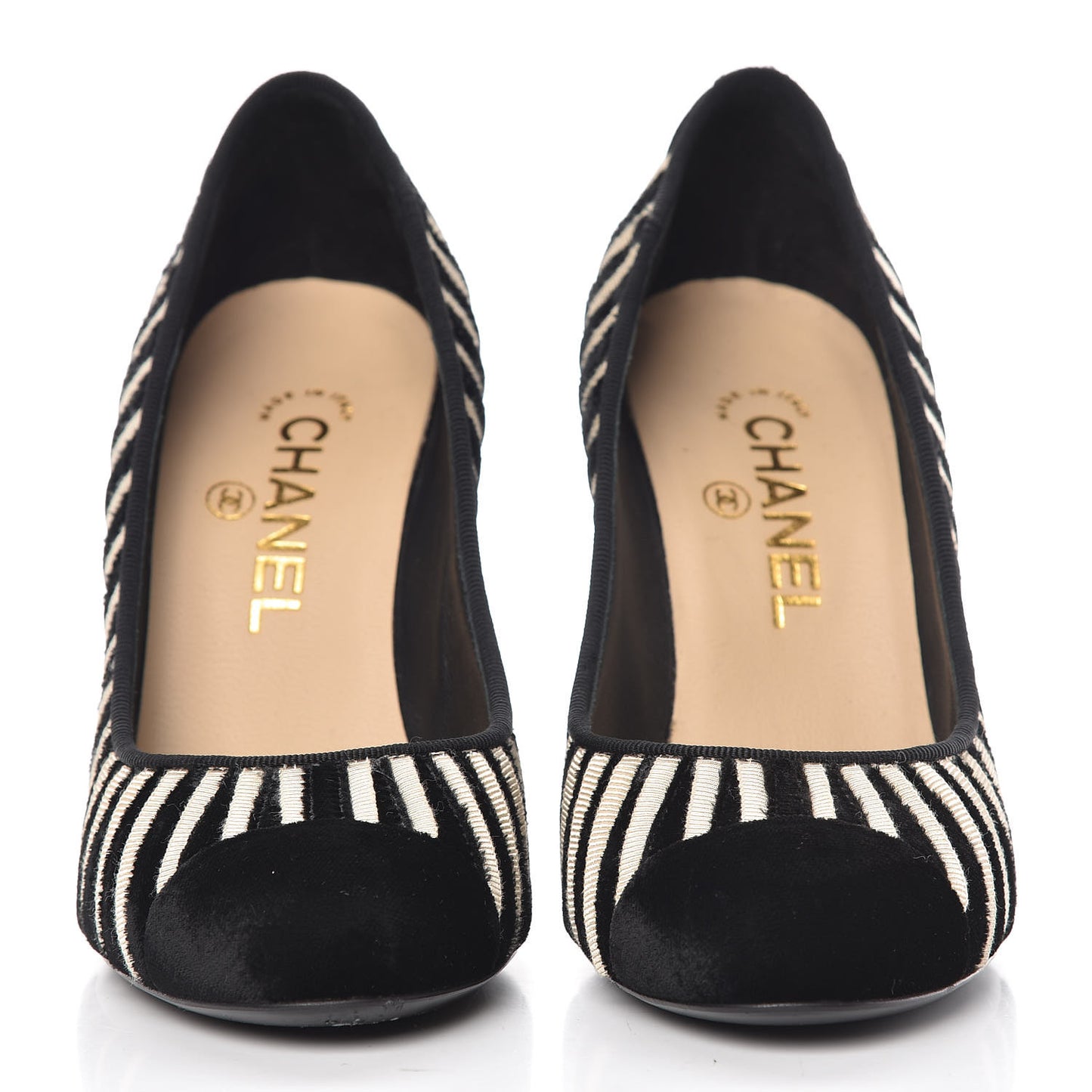 Velvet Stripe Cap Toe Pumps 37 Black Beige