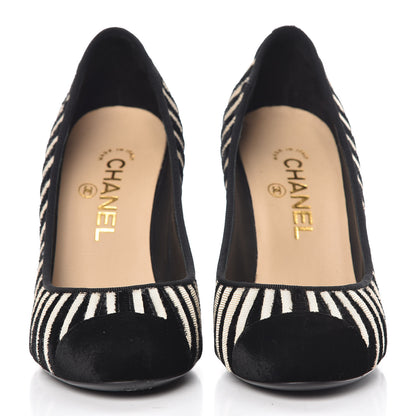 Chanel Velvet Stripe Cap Toe Pumps 37 Black Beige 2 of 12