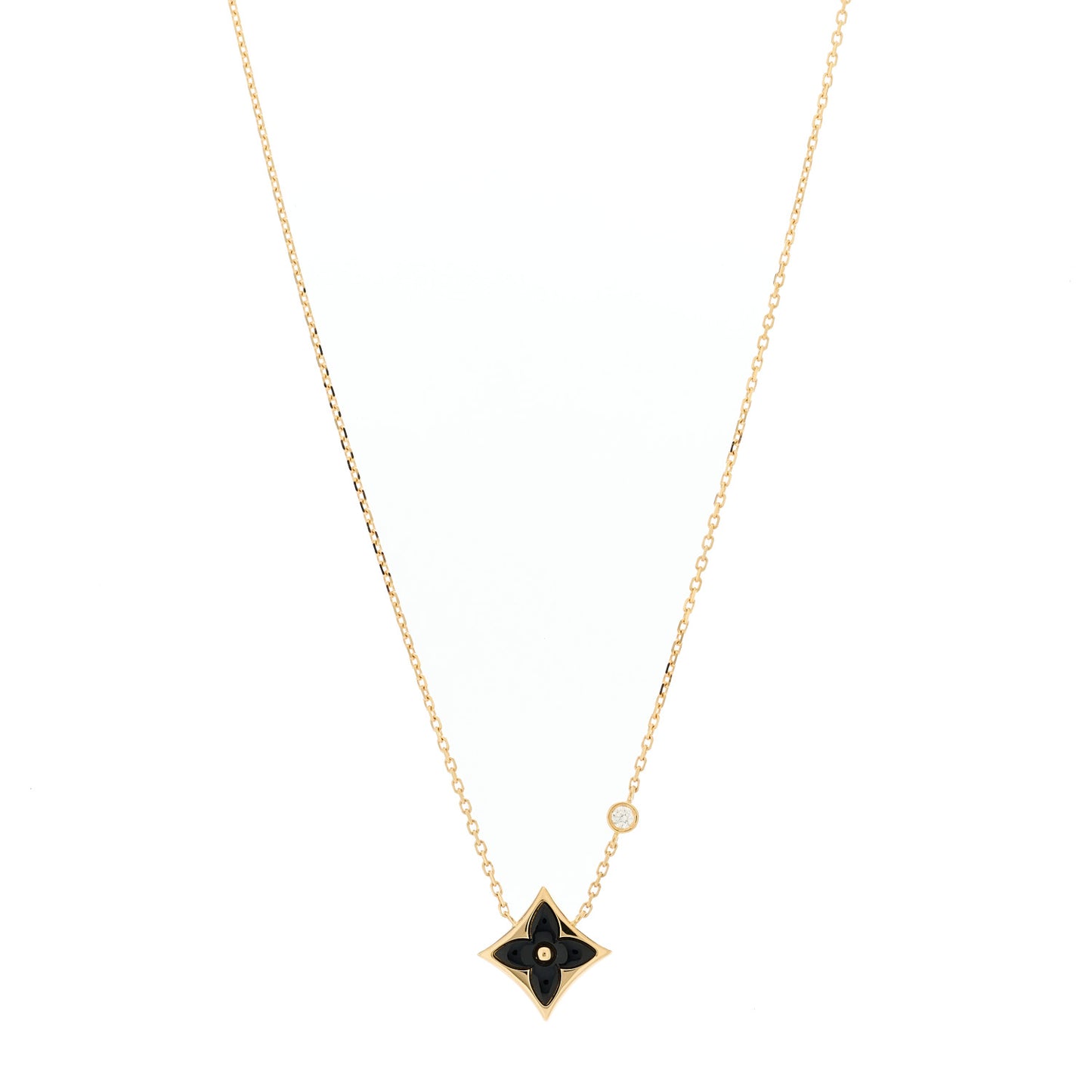18K Yellow Gold Diamond Black Onyx Color Blossom BB Star Pendant Necklace