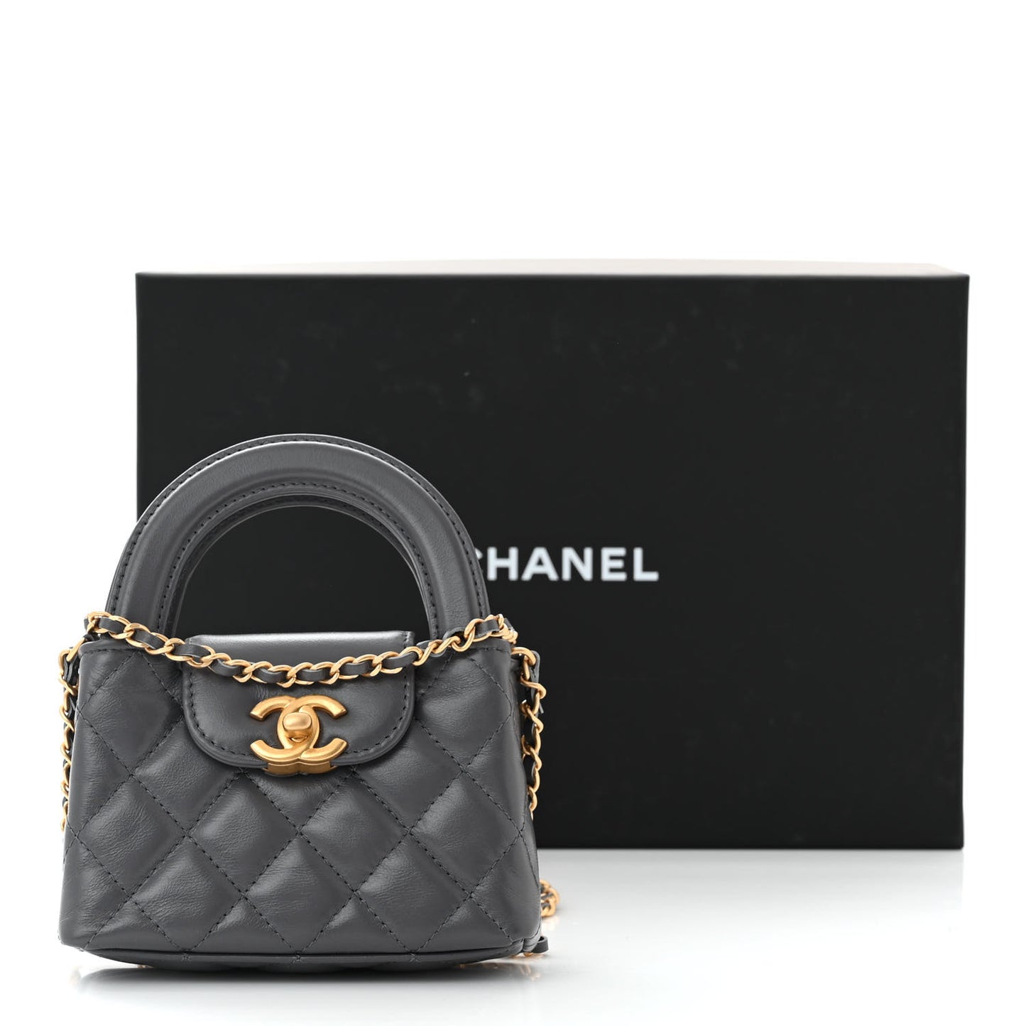 Shiny Aged Calfskin Quilted Mini Nano Kelly Shopper Grey