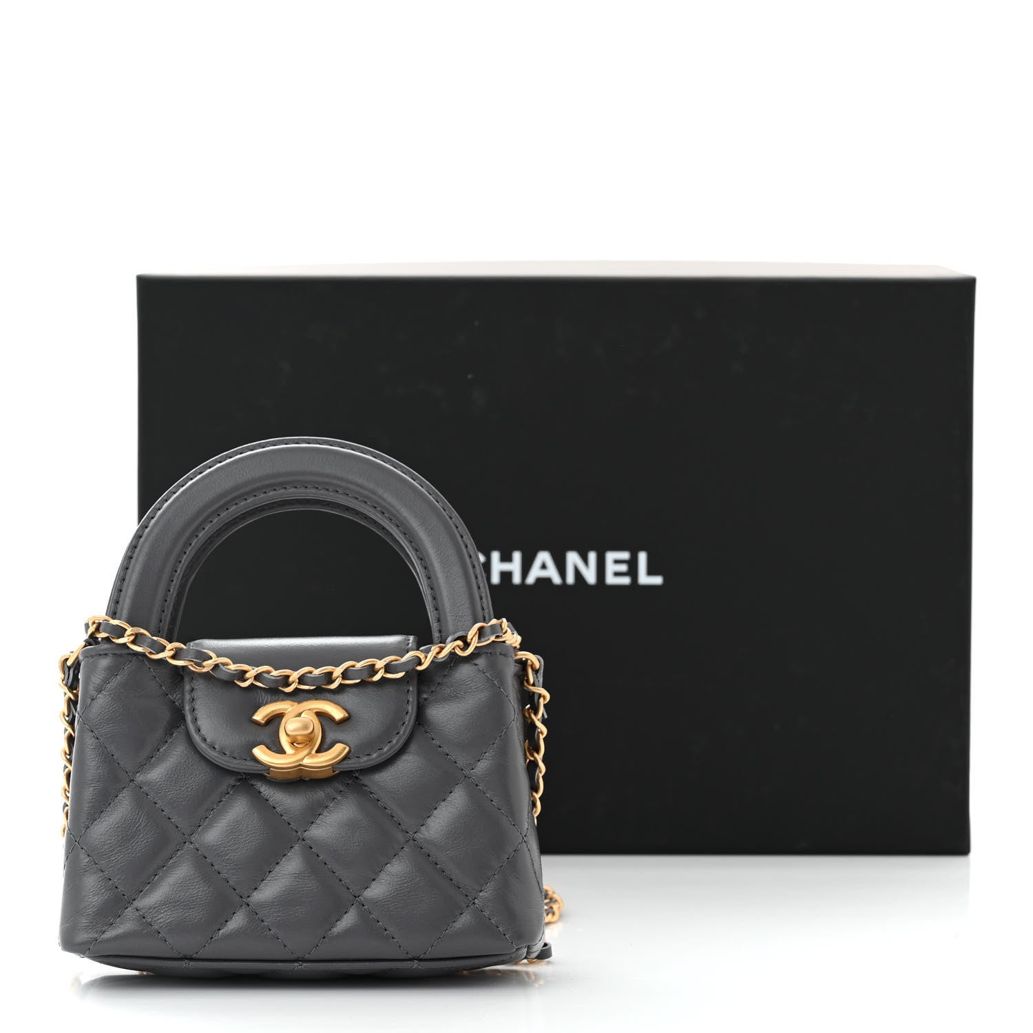 Chanel Shiny Aged Calfskin Quilted Mini Nano Kelly Shopper Grey 11 of 11