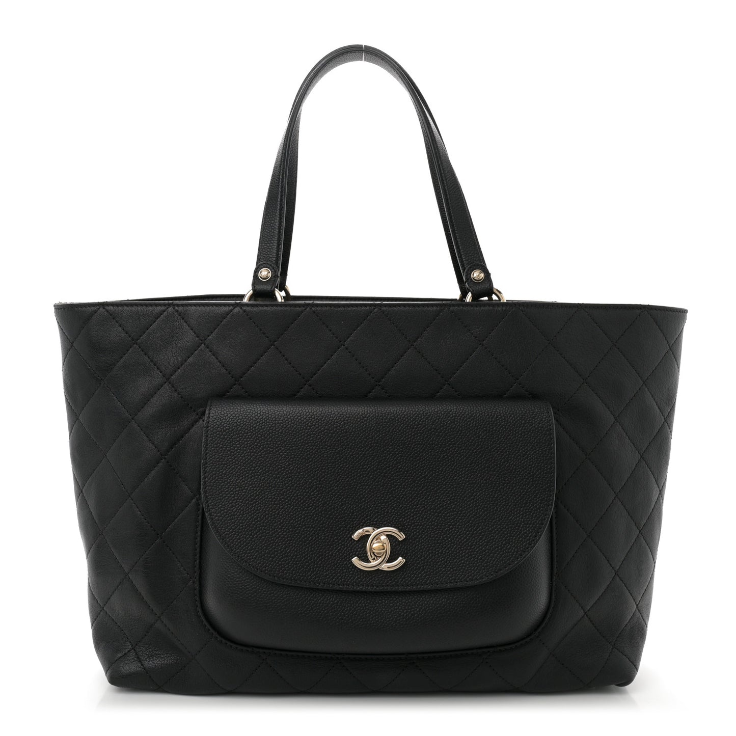 Sheepskin Caviar Quilted Large Shopping Tote Black
