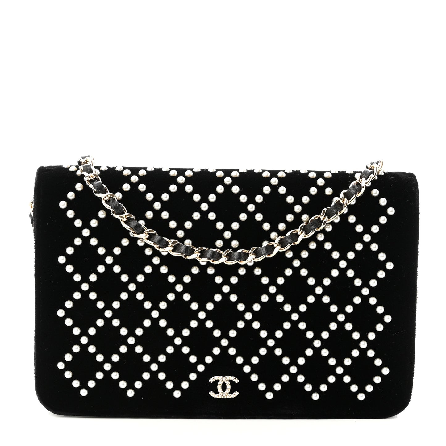 Velvet Pearl Diamond Embellished Wallet On Chain WOC Black