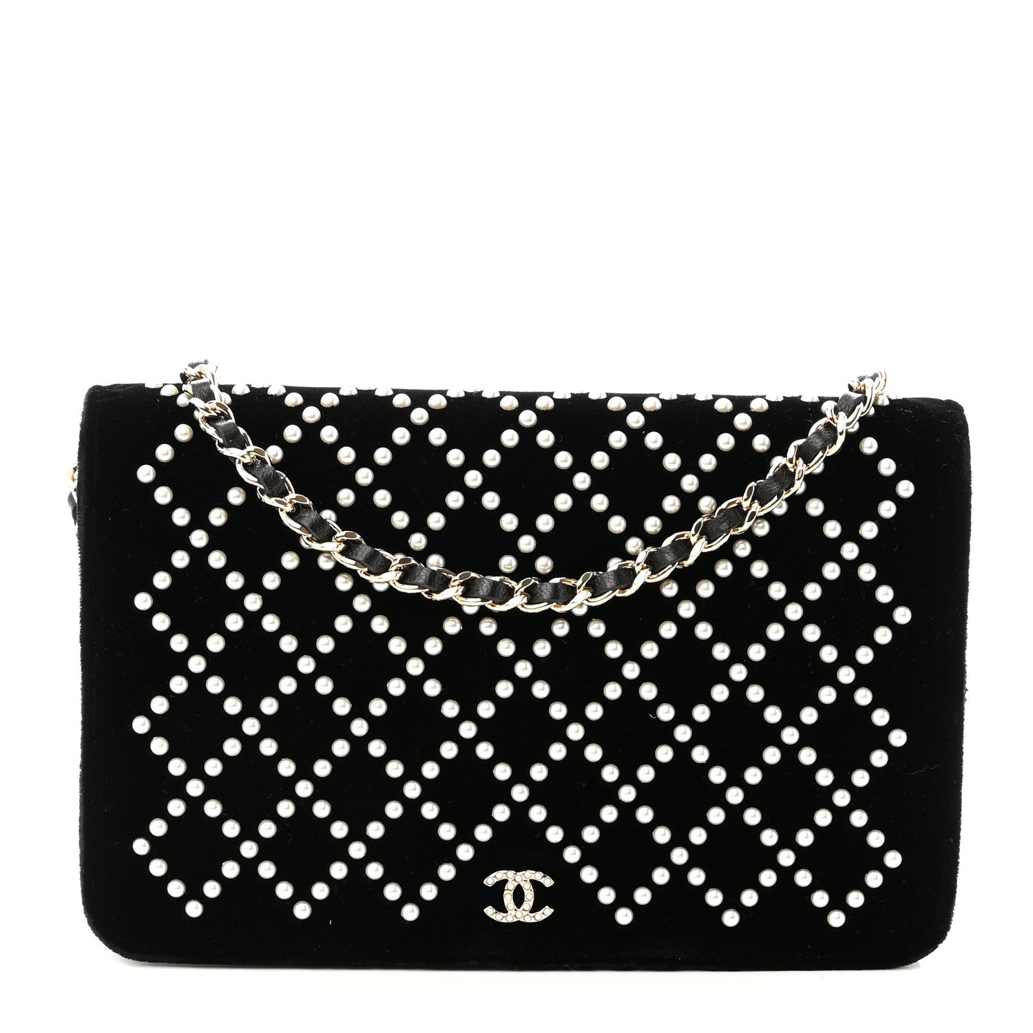 Chanel Velvet Pearl Diamond Embellished Wallet On Chain WOC Black 1 of 11