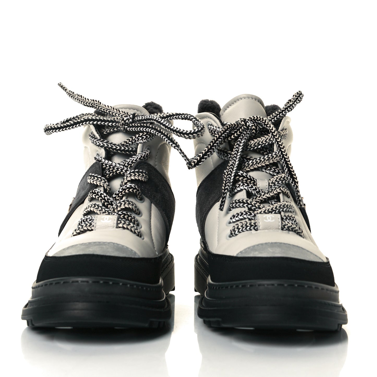 Lambskin Shearling Suede CC High Lace Up Boots 37 Grey Black