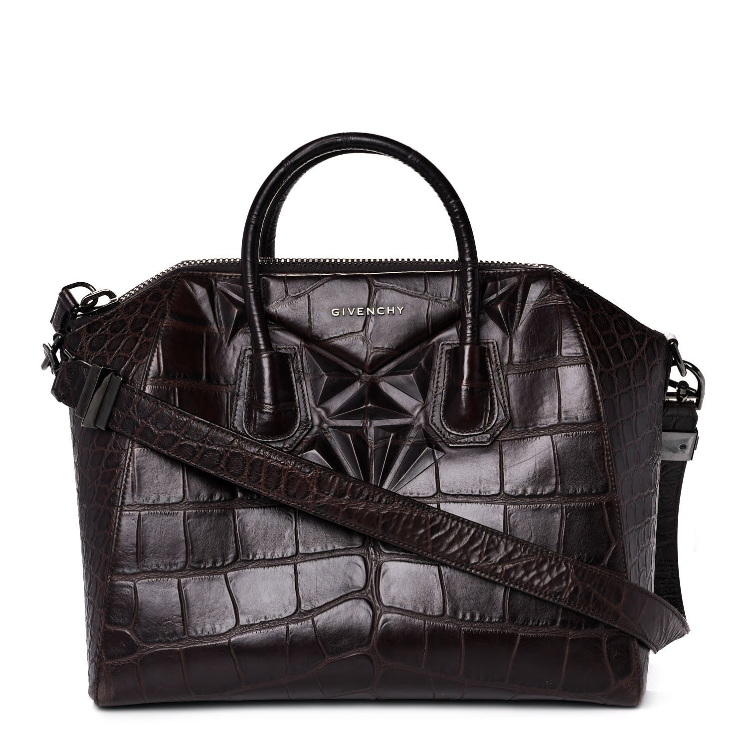 Givenchy Calfskin Crocodile Embossed 3D Stud Medium Antigona Brown 1 of 12