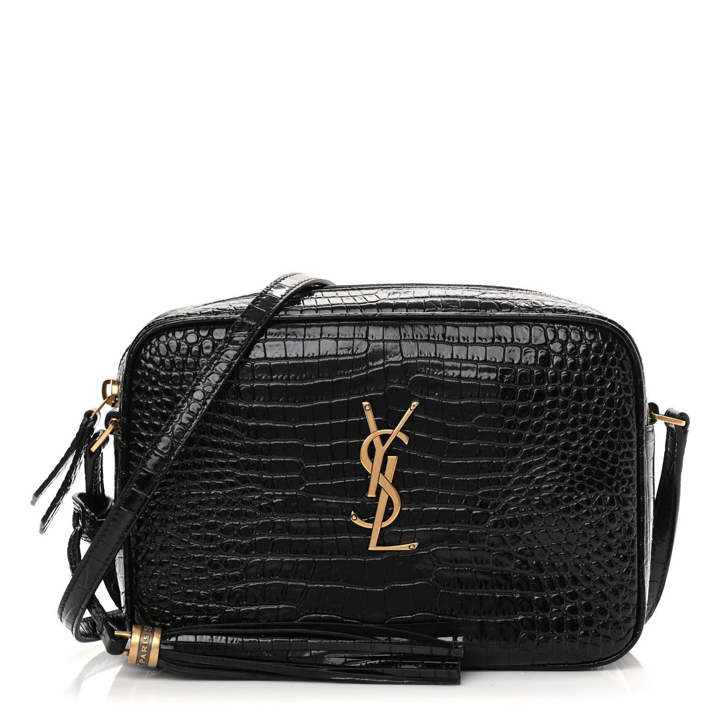 Patent Calfskin Crocodile Embossed Monogram Lou Camera Bag Black