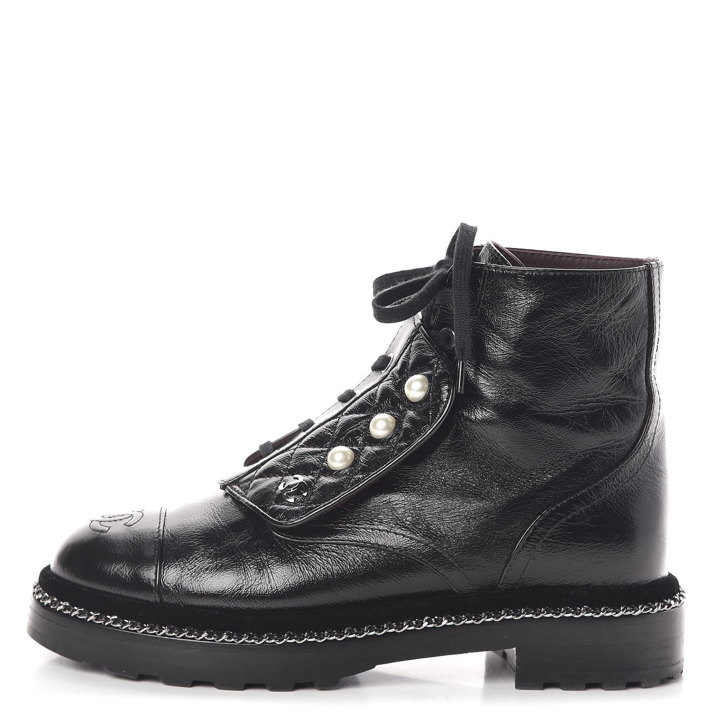 Crackled Calfskin Velvet Pearl Combat Short Boots 38 Black