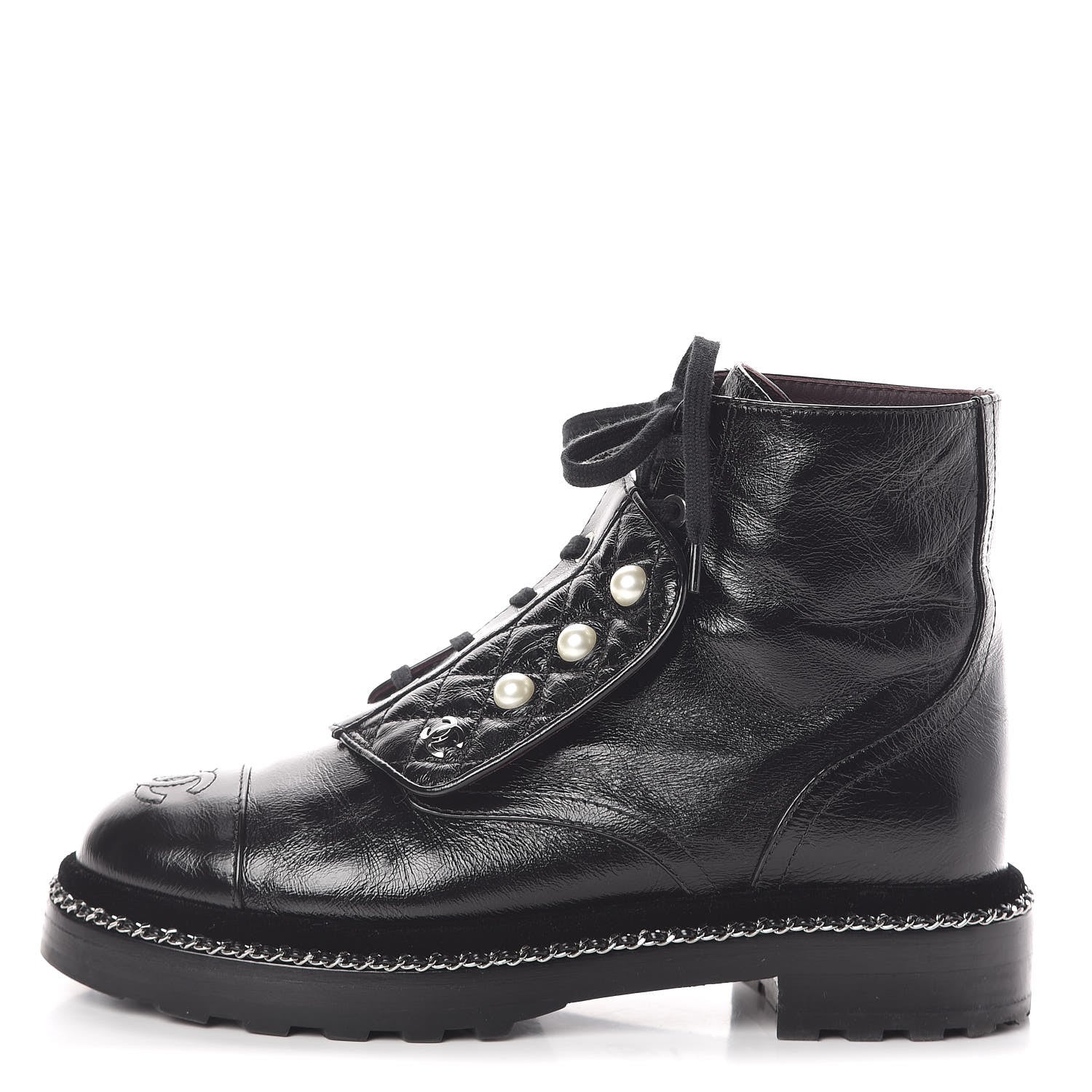Chanel Crackled Calfskin Velvet Pearl Combat Short Boots 38 Black 1 of 8