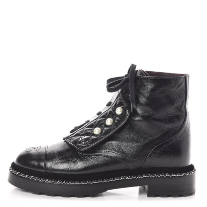 Chanel Crackled Calfskin Velvet Pearl Combat Short Boots 38 Black 1 of 8