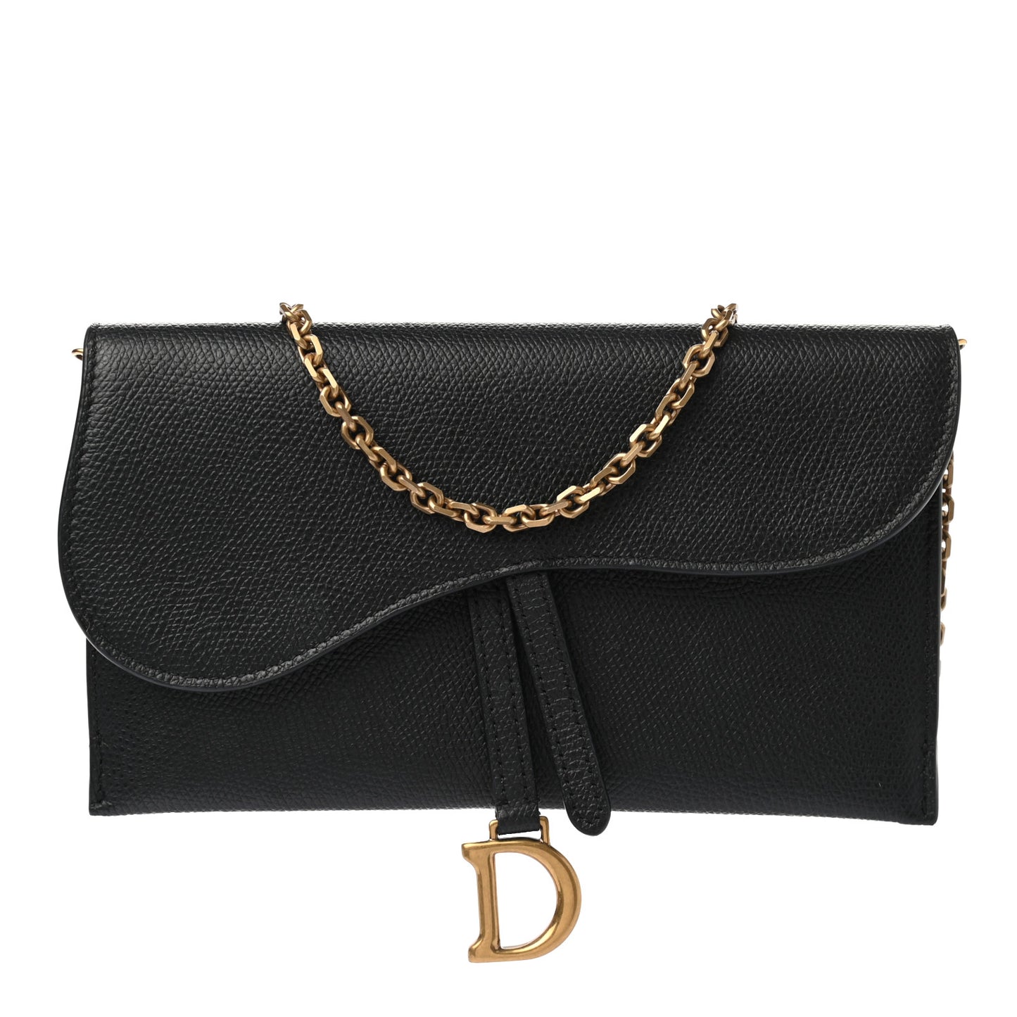 Grained Calfskin Saddle Chain Wallet Pouch Black