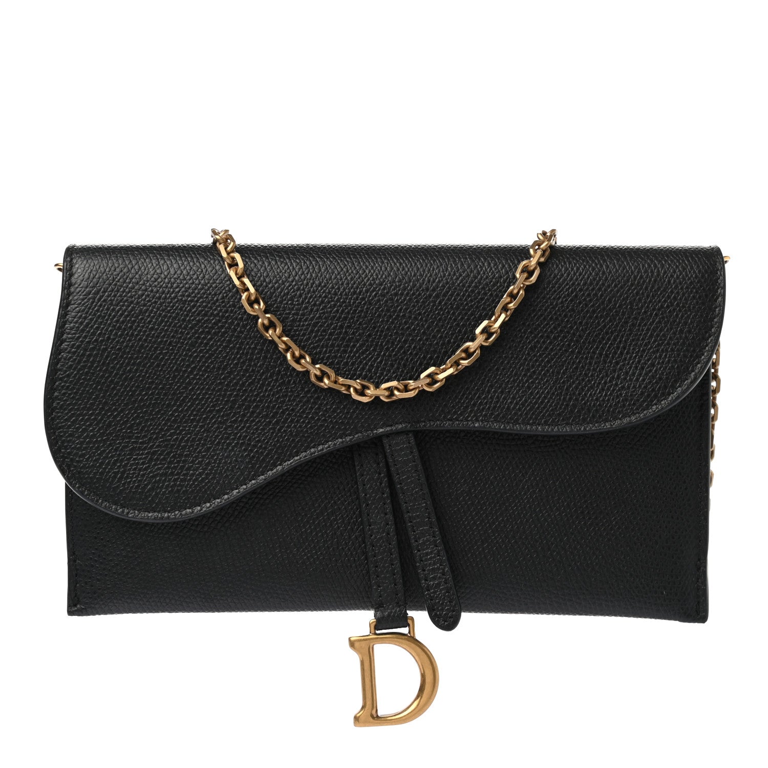 Christian Dior Grained Calfskin Saddle Chain Wallet Pouch Black 1 of 11