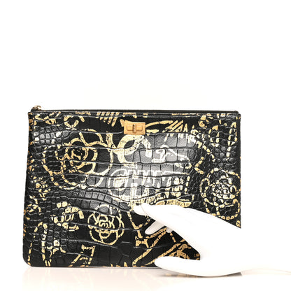 Chanel Calfskin Crocodile Embossed Graffiti 2.55 Medium Cocodile Reissue Cosmetic Case Black Gold 2 of 8