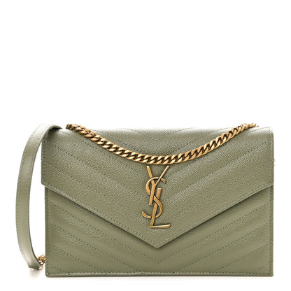 Saint Laurent Grain De Poudre Matelasse Chevron Monogram Envelope Chain Wallet Pistache 1 of 9