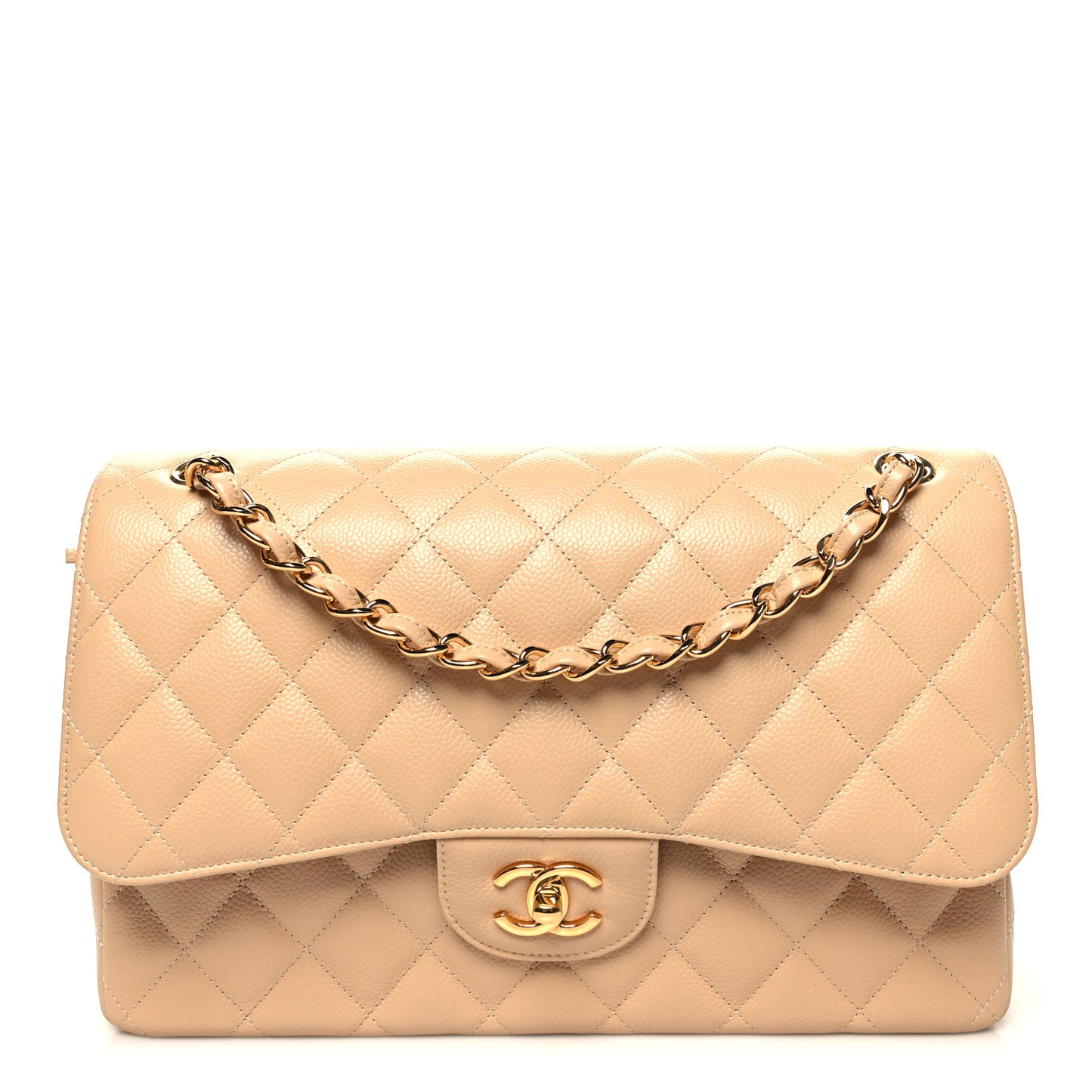 Caviar Quilted Jumbo Double Flap Light Beige