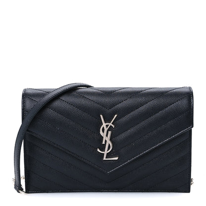 Saint Laurent Grain De Poudre Matelasse Chevron Monogram Envelope Chain Wallet Black 1 of 9