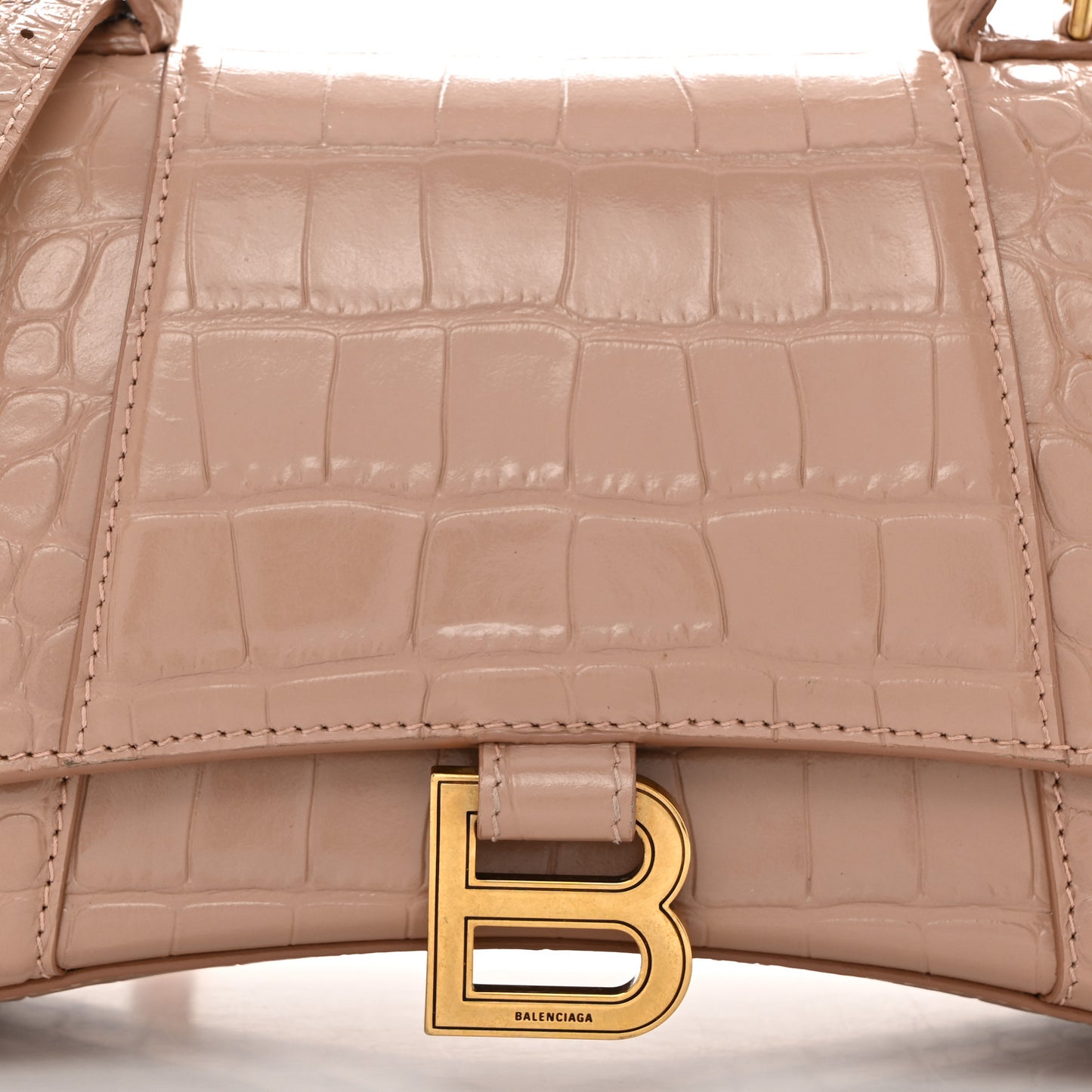 Shiny Calfskin Crocodile Embossed Small Hourglass Top Handle Bag Nude Beige