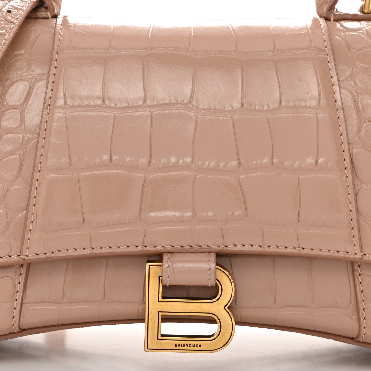 Balenciaga Shiny Calfskin Crocodile Embossed Small Hourglass Top Handle Bag Nude Beige 9 of 13