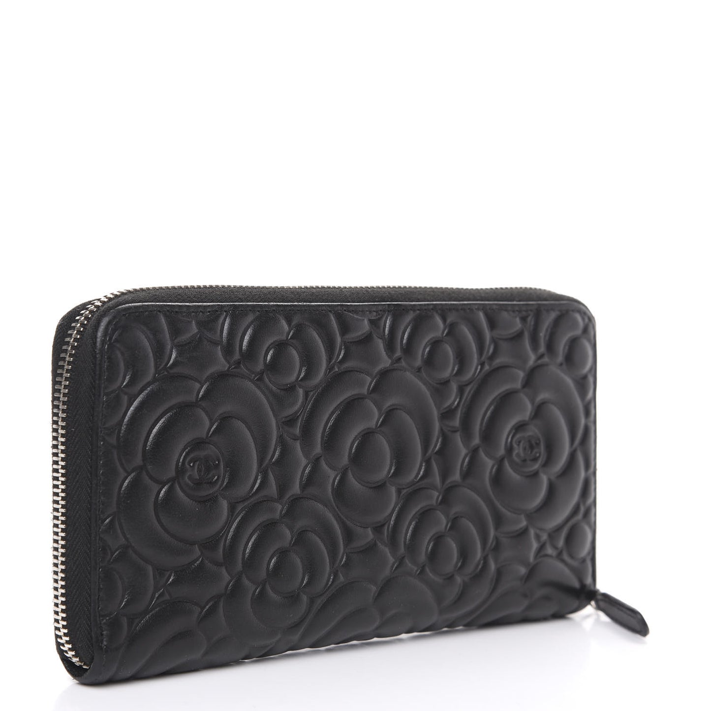 Lambskin Camellia Embossed Large Zip Around Gusset Wallet Black