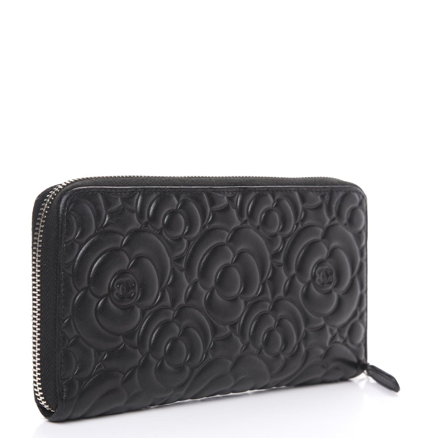Chanel Lambskin Camellia Embossed Large Zip Around Gusset Wallet Black 2 of 11