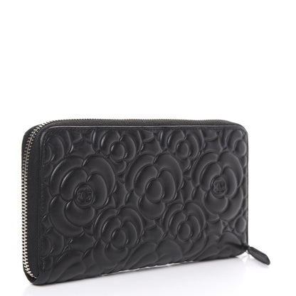 Chanel Lambskin Camellia Embossed Large Zip Around Gusset Wallet Black 2 of 11