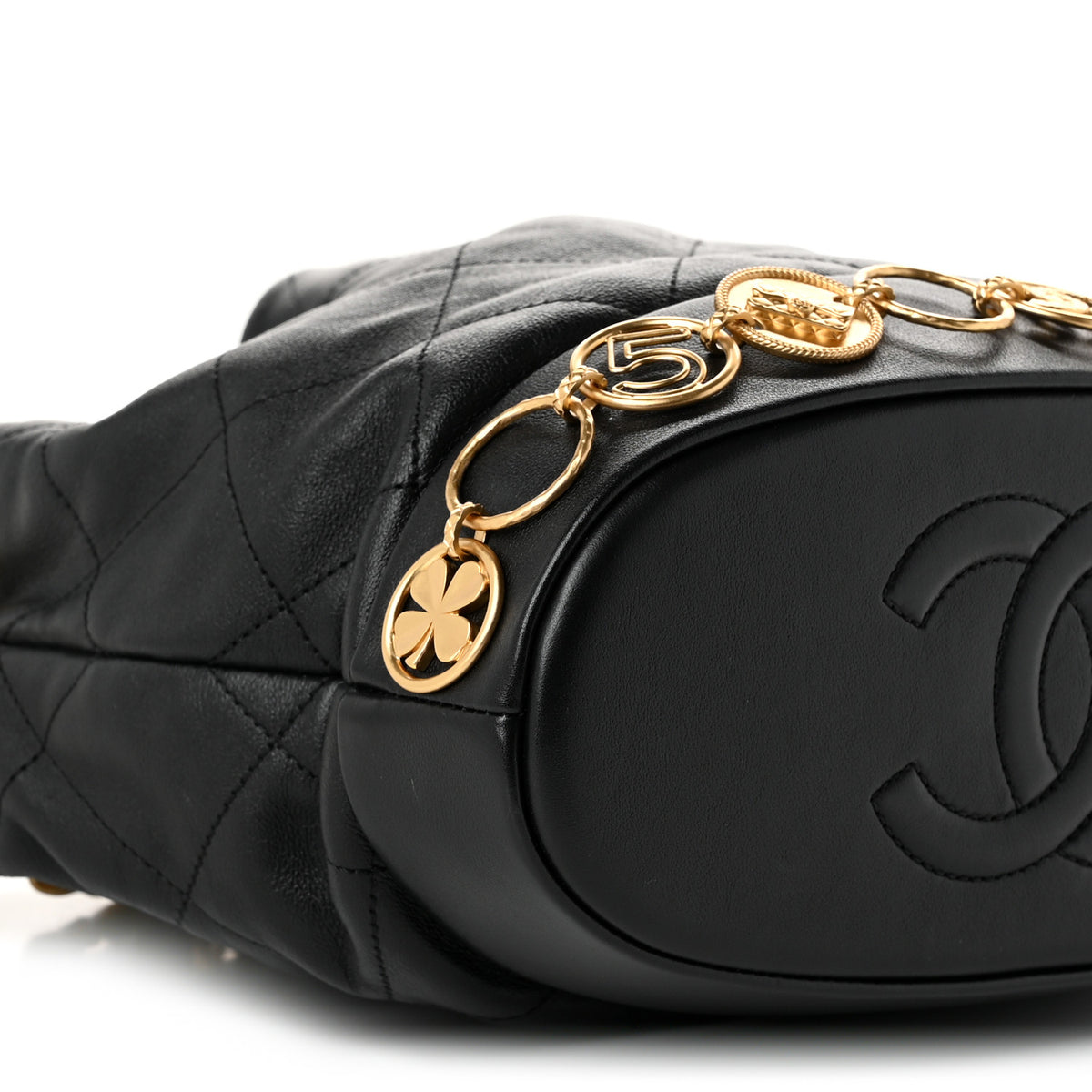 Shiny Lambskin Quilted Medallion Chain Drawstring Bucket Bag Black