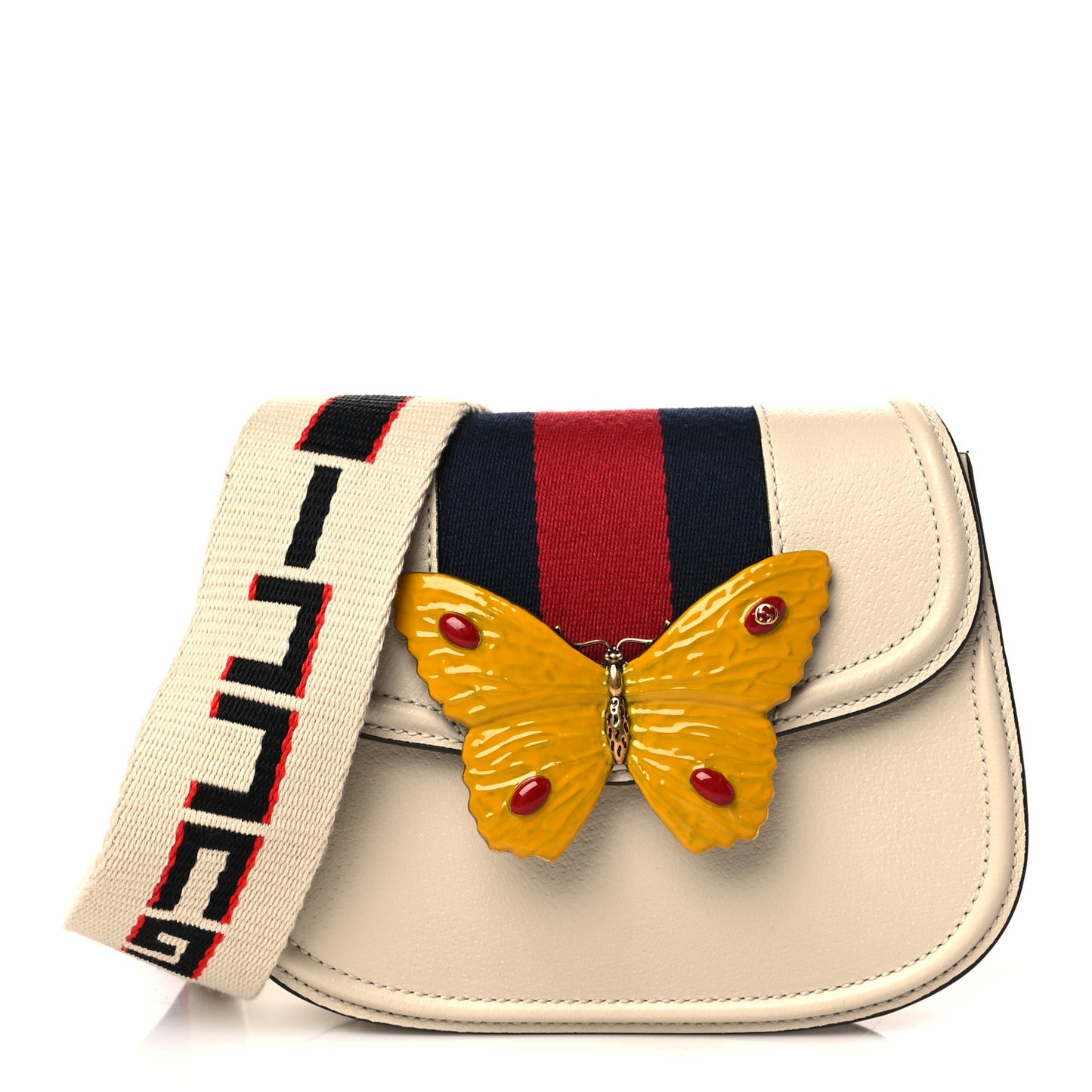 Calfskin Web Stripe Butterfly Small Totem Shoulder Bag White