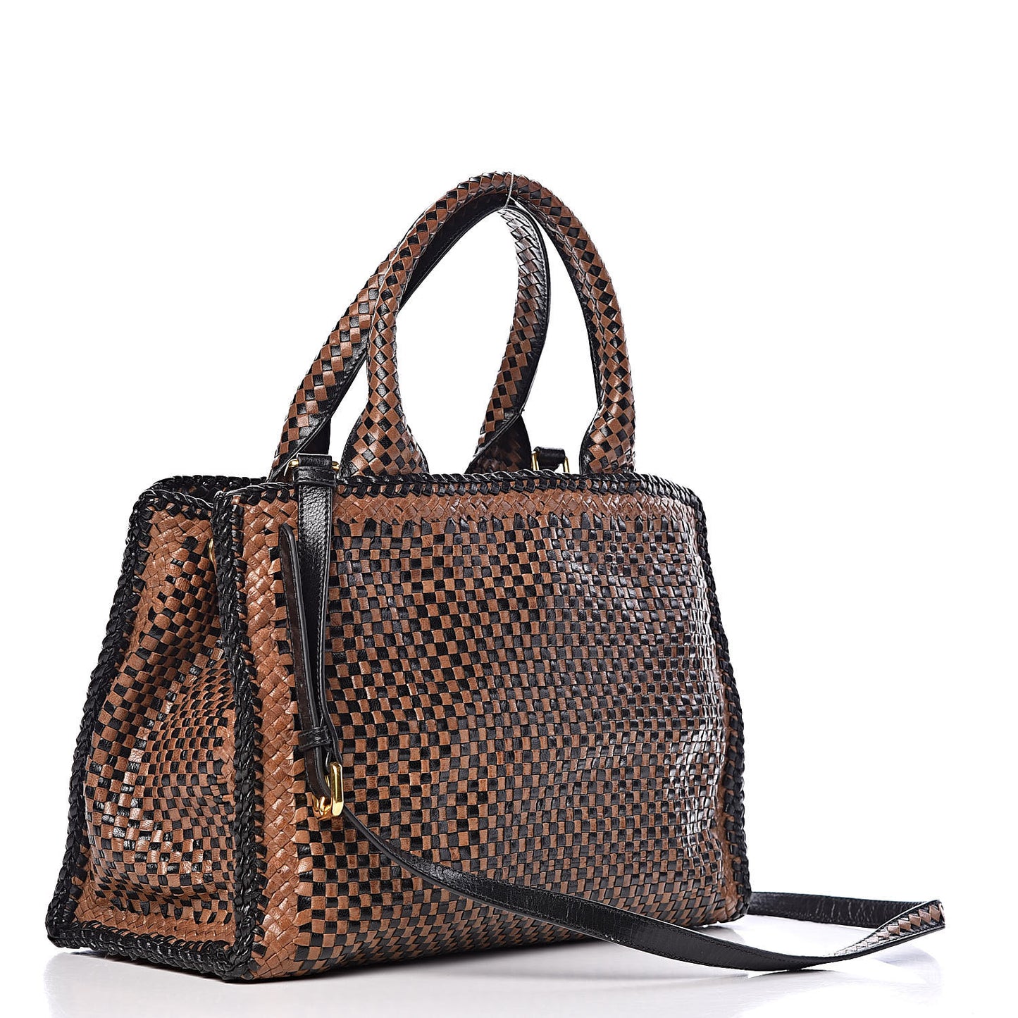 Goatskin Woven Small Tote Black Cammello