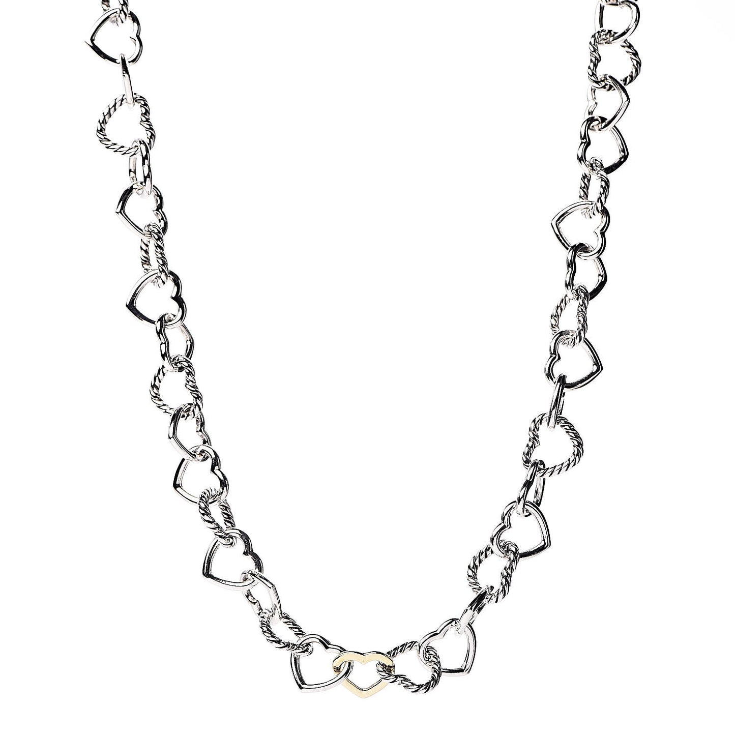 Sterling Silver 18K Yellow Gold Cable Heart Link Necklace