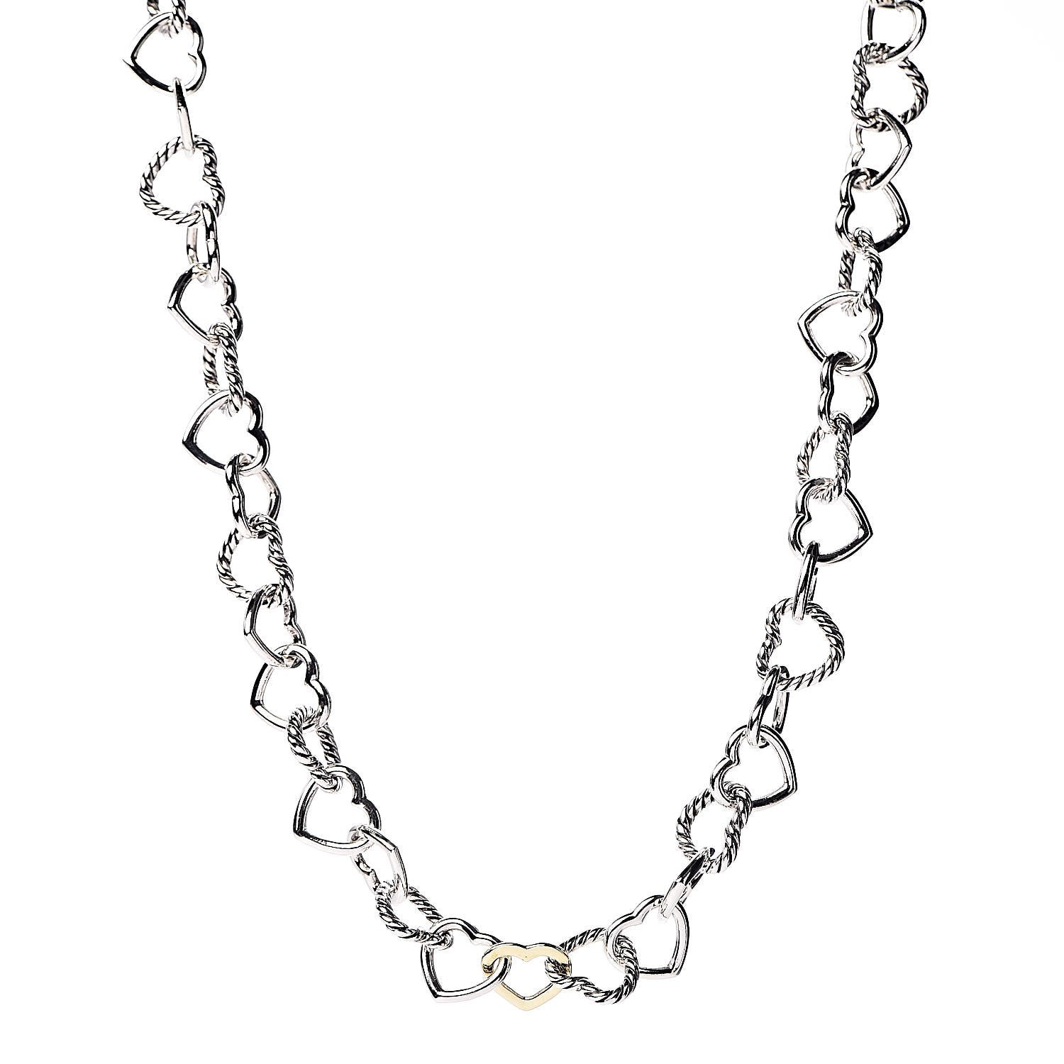 David Yurman Sterling Silver 18K Yellow Gold Cable Heart Link Necklace 1 of 7