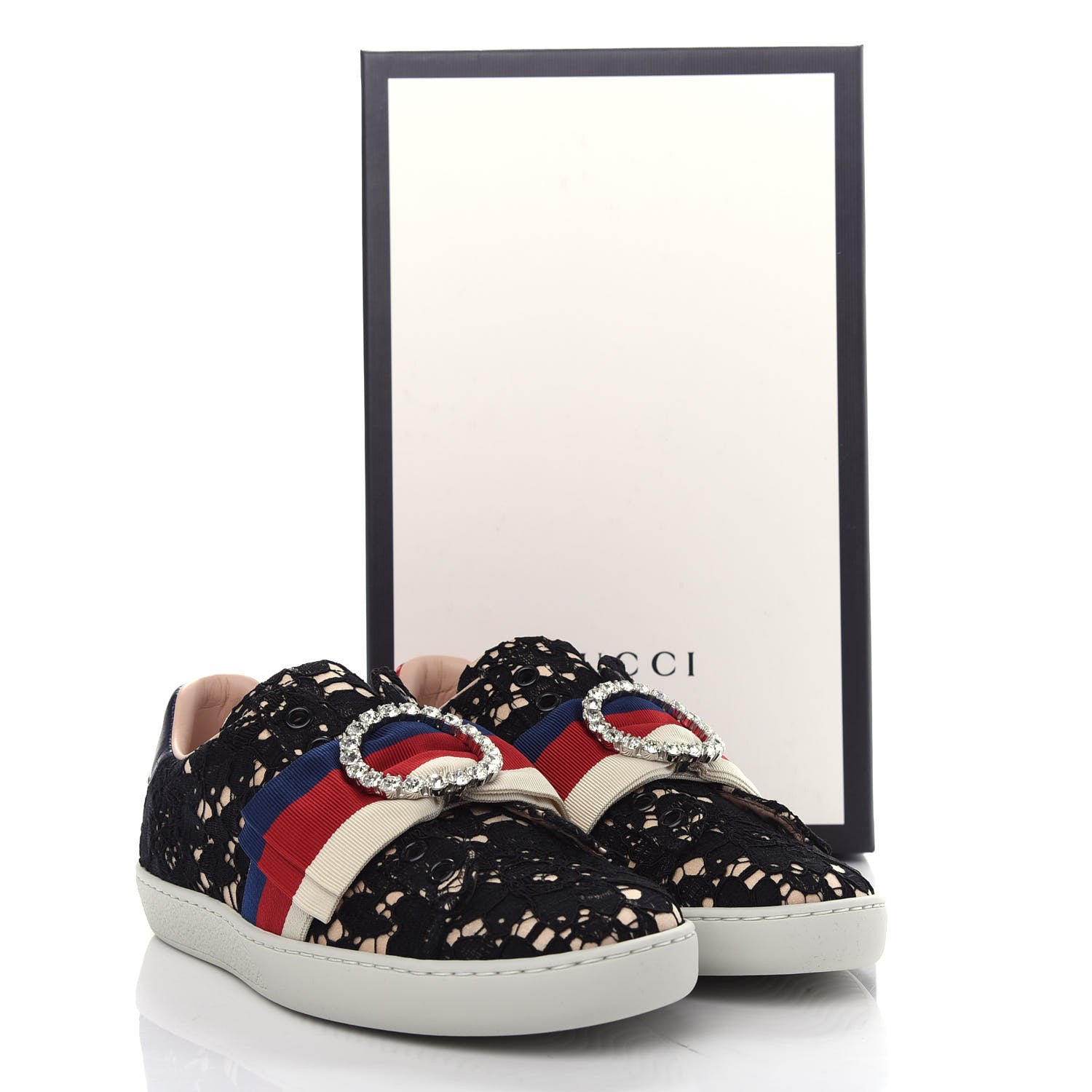 Gucci Lace Crystal Sylvie Web Flower Leaf Womens Ace Sneakers 35.5 Black Tan Beige 11 of 11