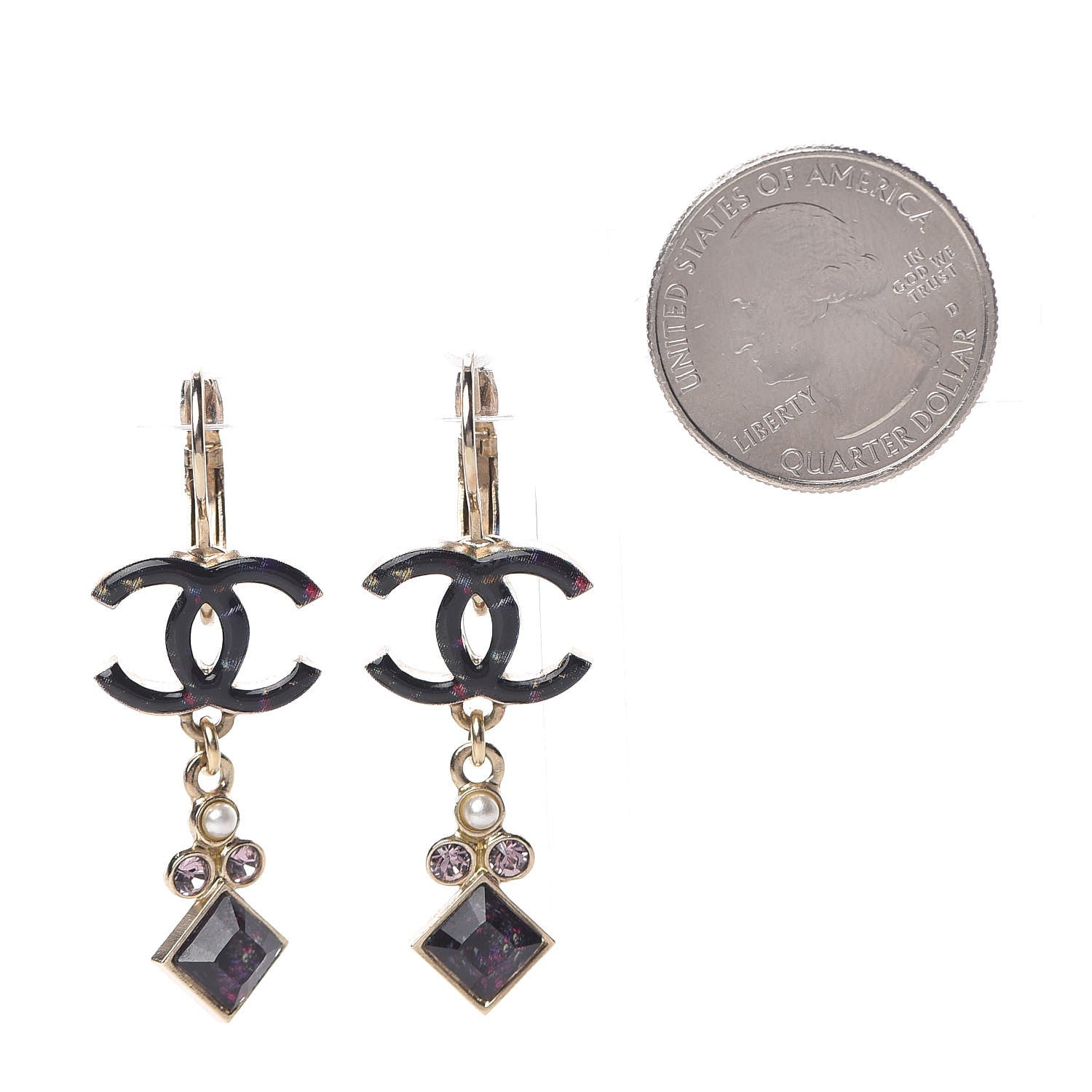 Chanel Pearl Crystal Glass Resin CC Drop Earrings Gold Purple 2 of 5