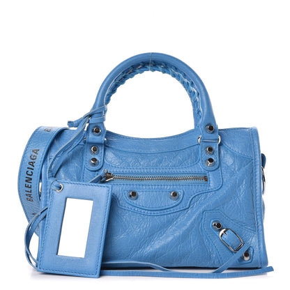 Balenciaga Agneau Classic Silver Hardware Mini City Logo Strap Bleu Turquoise Black 1 of 9