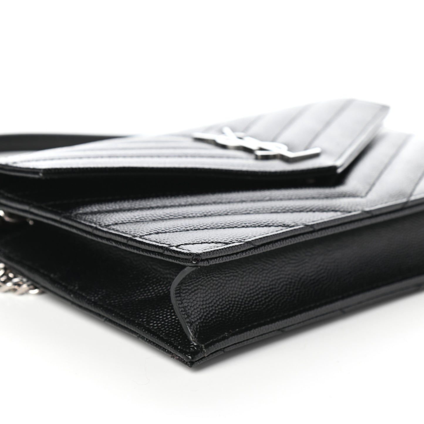 Grain De Poudre Matelasse Chevron Monogram Envelope Chain Wallet Black
