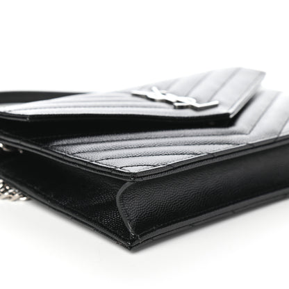Saint Laurent Grain De Poudre Matelasse Chevron Monogram Envelope Chain Wallet Black 8 of 9