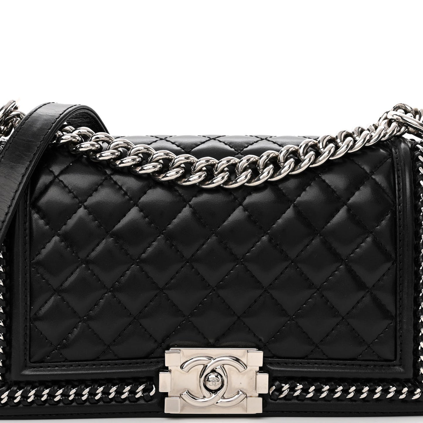 Glazed Calfskin Quilted Medium Chain Around Boy Flap Black