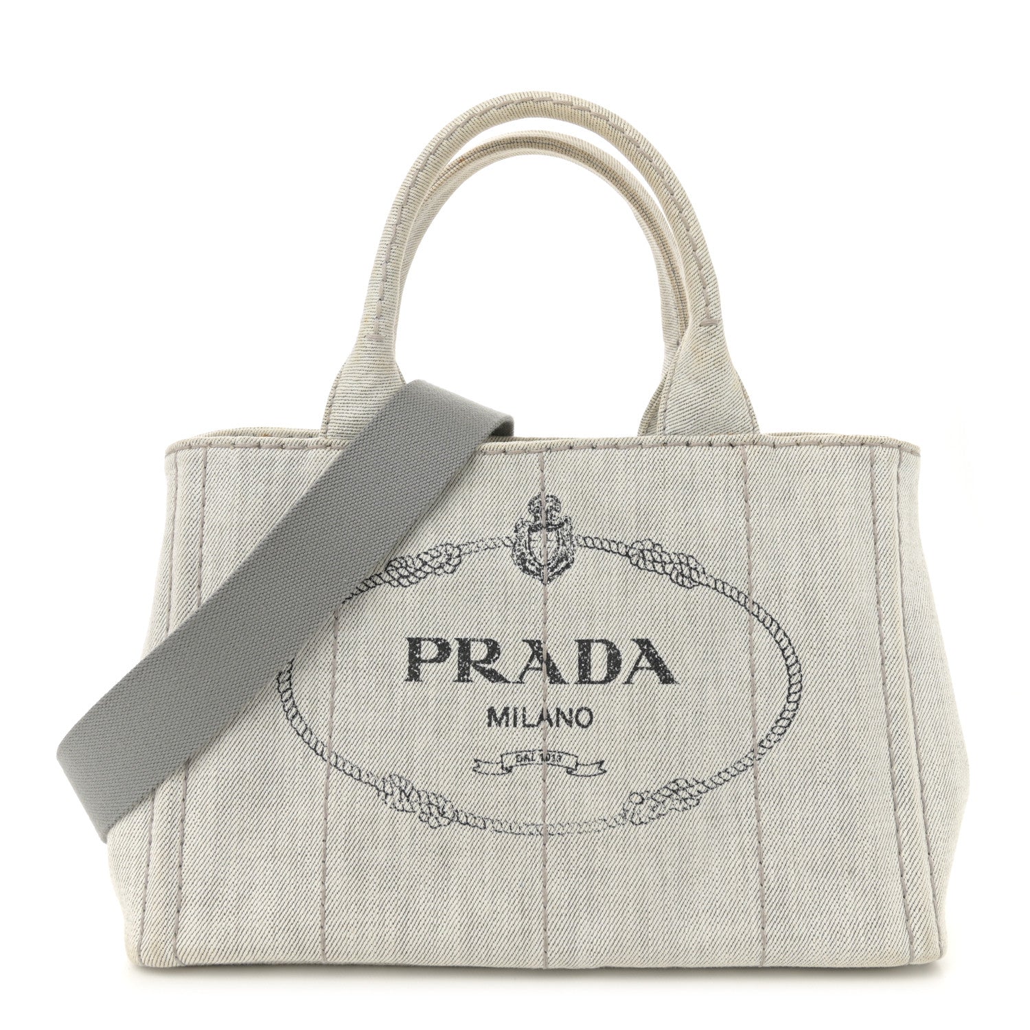 Prada Denim Small Logo Tote Bianco 1 of 12
