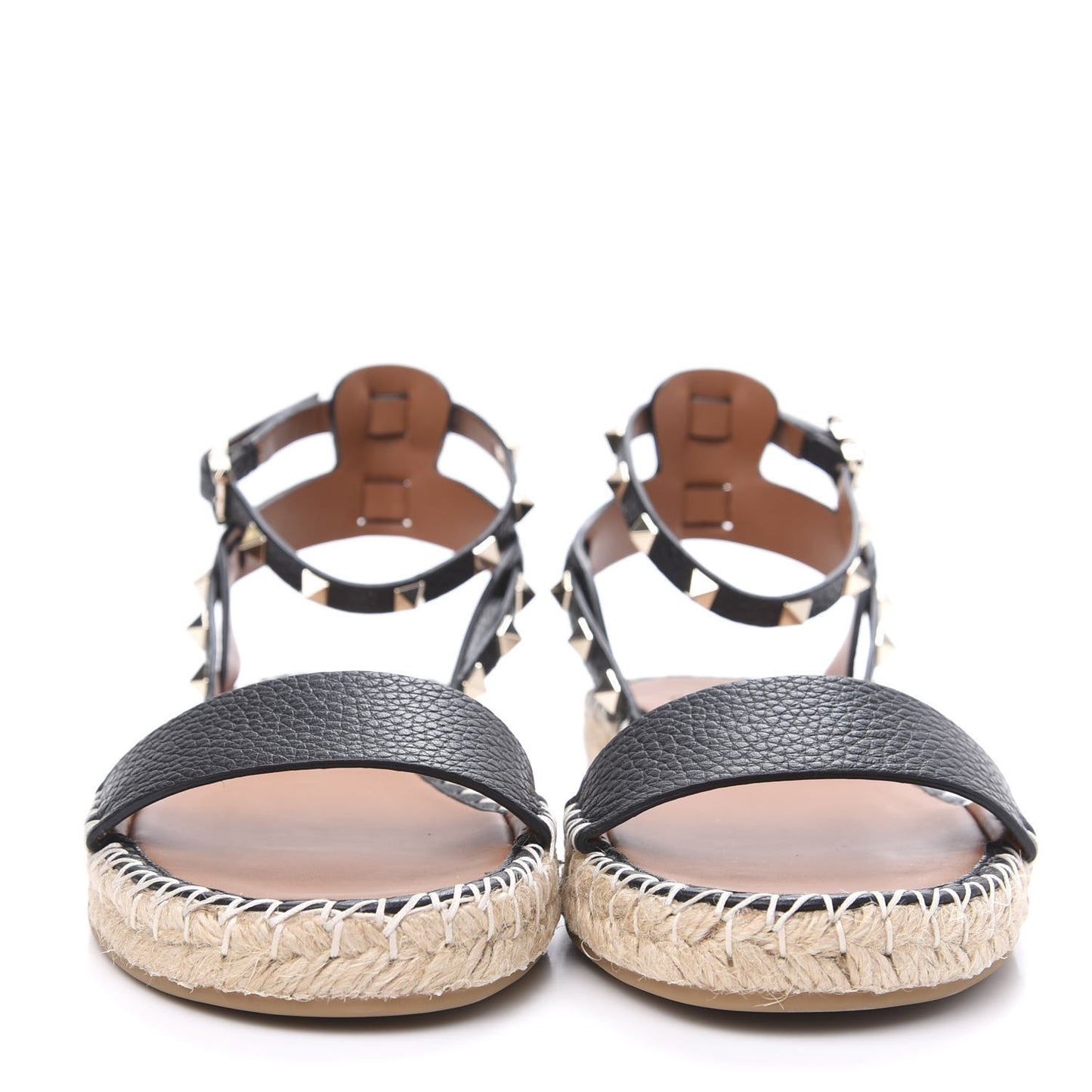Grained Calfskin Rockstud Ankle Strap Espadrille Flat Sandals 39 Black