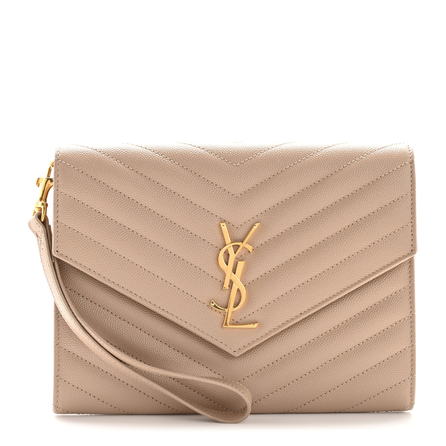Saint Laurent Grain De Poudre Matelasse Chevron Monogram Envelope Clutch Dark Beige 1 of 11